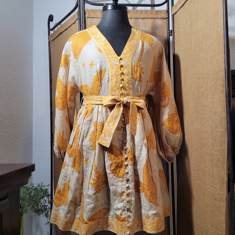 NWOT Banana Republic Linen Yellow and Cream Butterfly Print Dress Size 6
